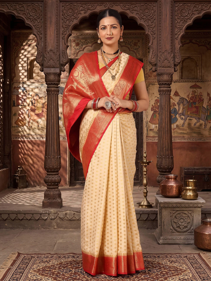 Off White Red Woven Design Balaton Saree