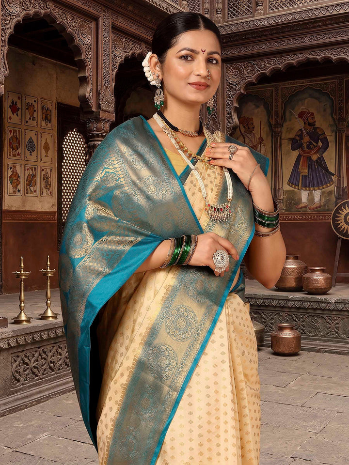 Off White Dark Blue Woven Design Balaton Saree