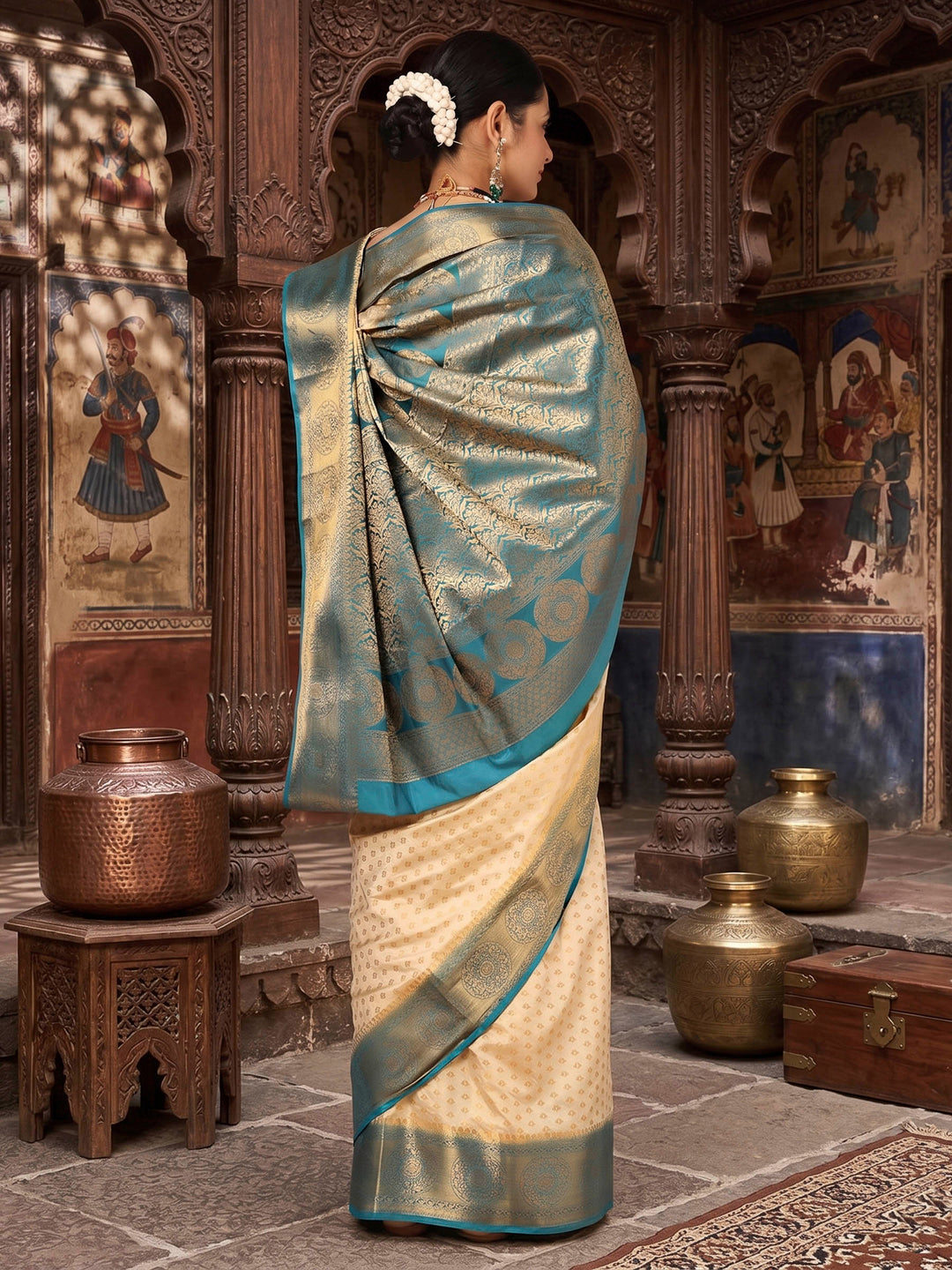 Off White Dark Blue Woven Design Balaton Saree
