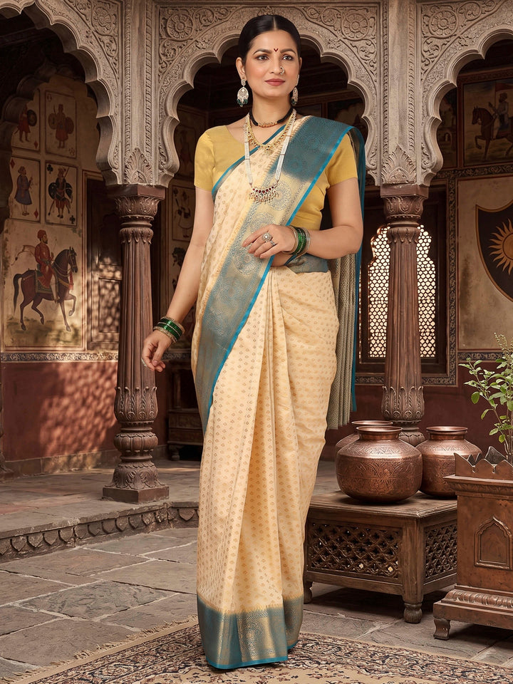 Off White Dark Blue Woven Design Balaton Saree