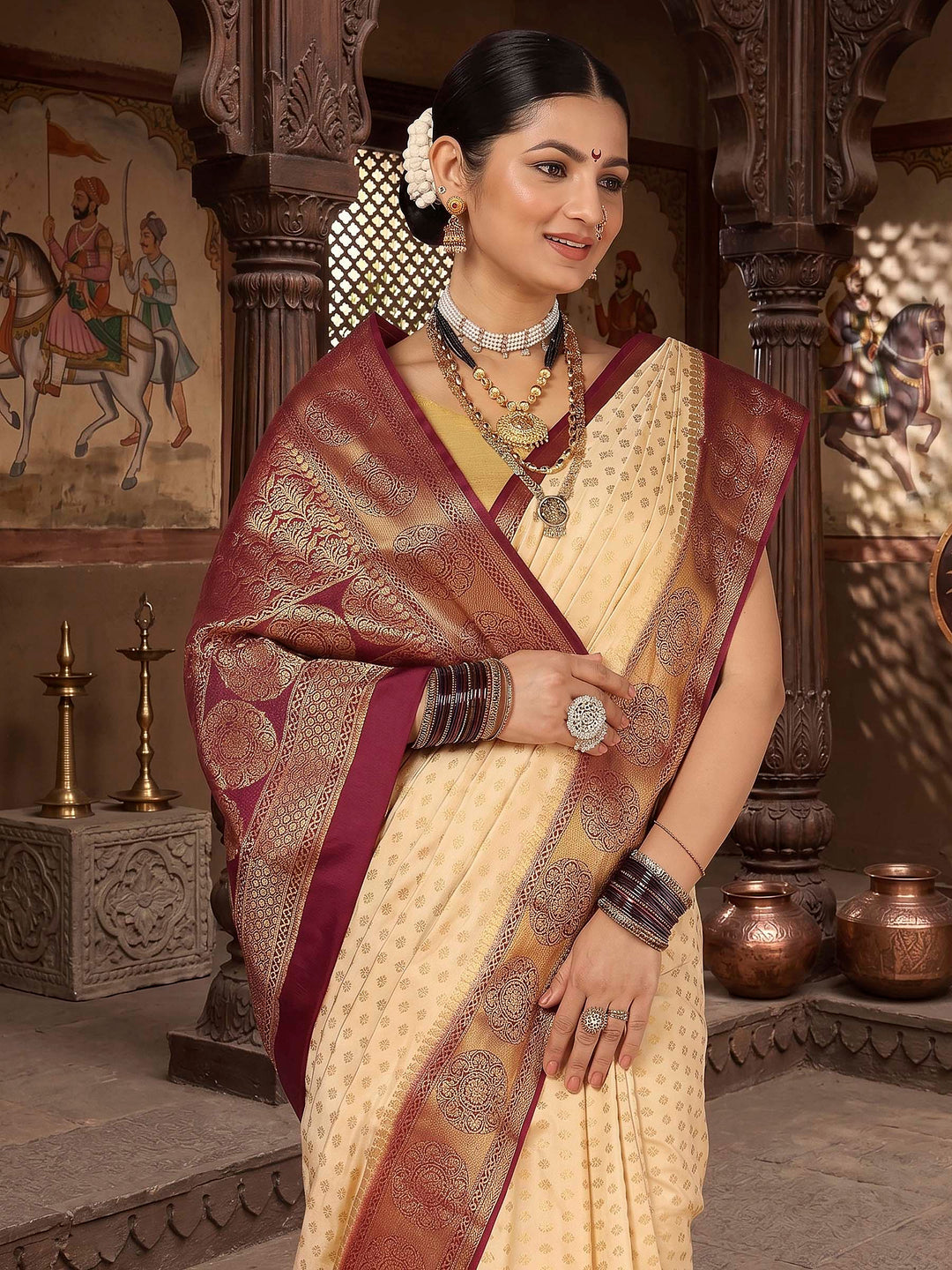 Off White Maroon Woven Design Balaton Saree