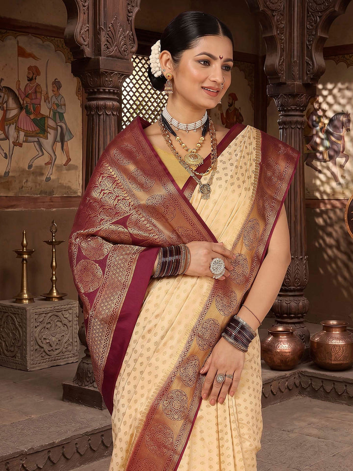 Off White Maroon Woven Design Balaton Saree