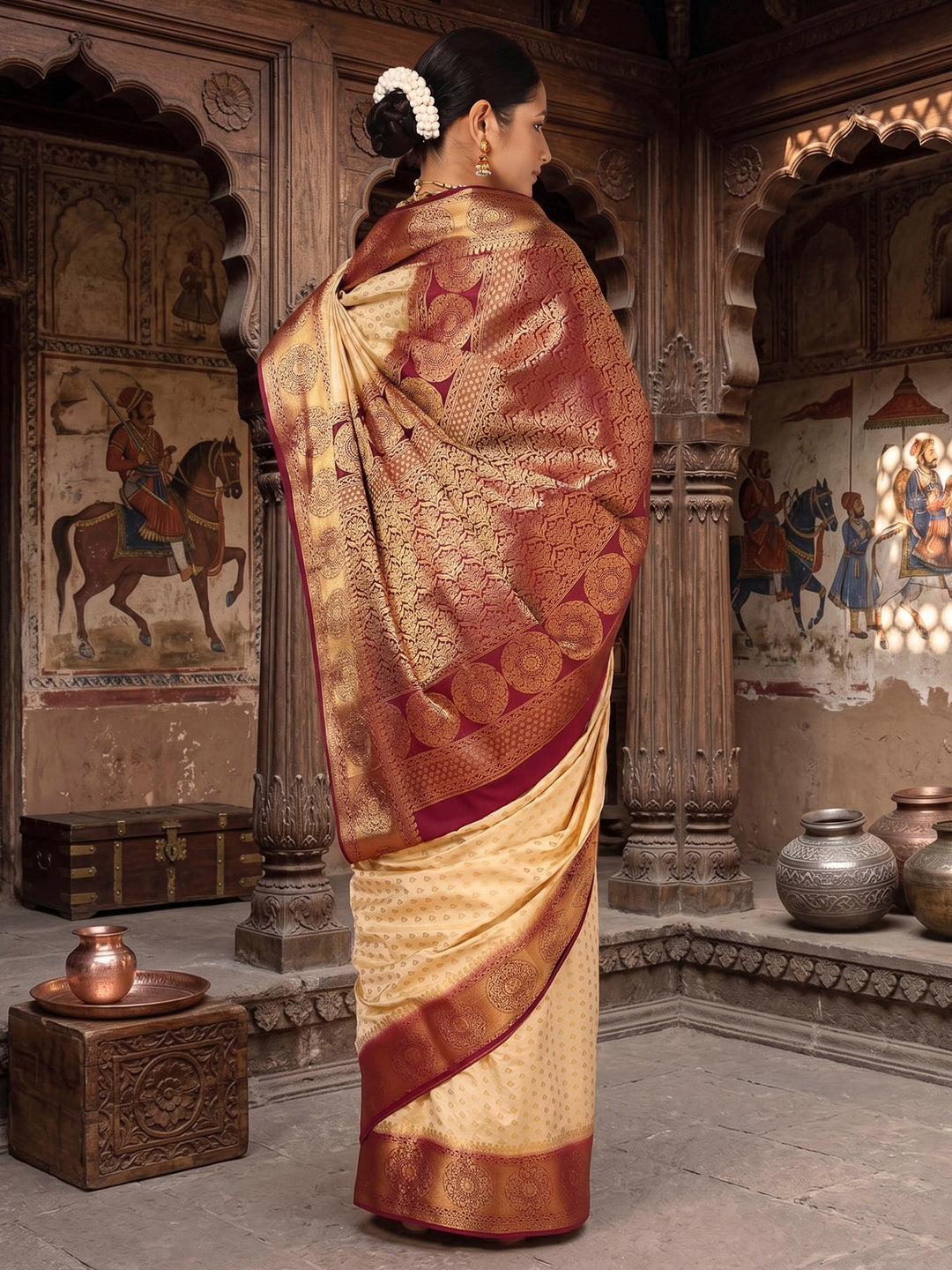 Off White Maroon Woven Design Balaton Saree
