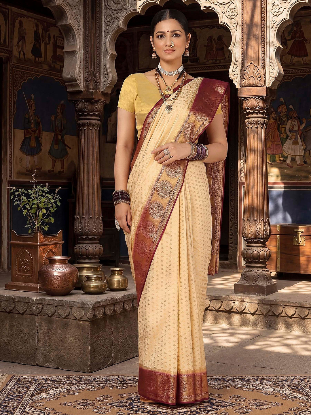 Off White Maroon Woven Design Balaton Saree