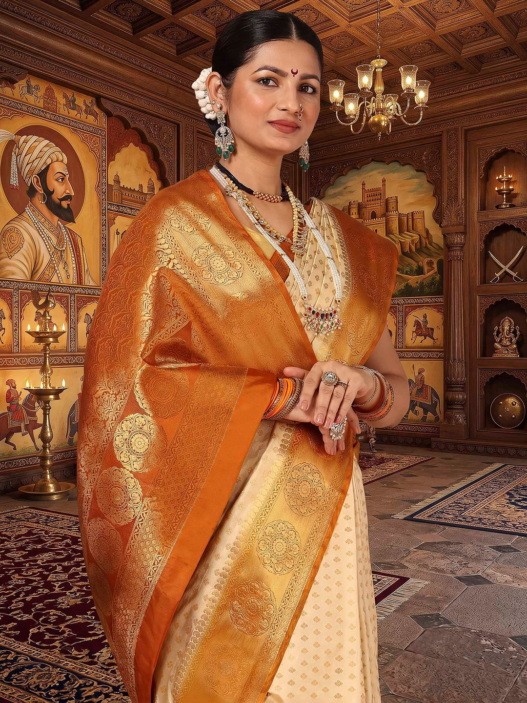 Off White Mustard Woven Design Balaton Saree