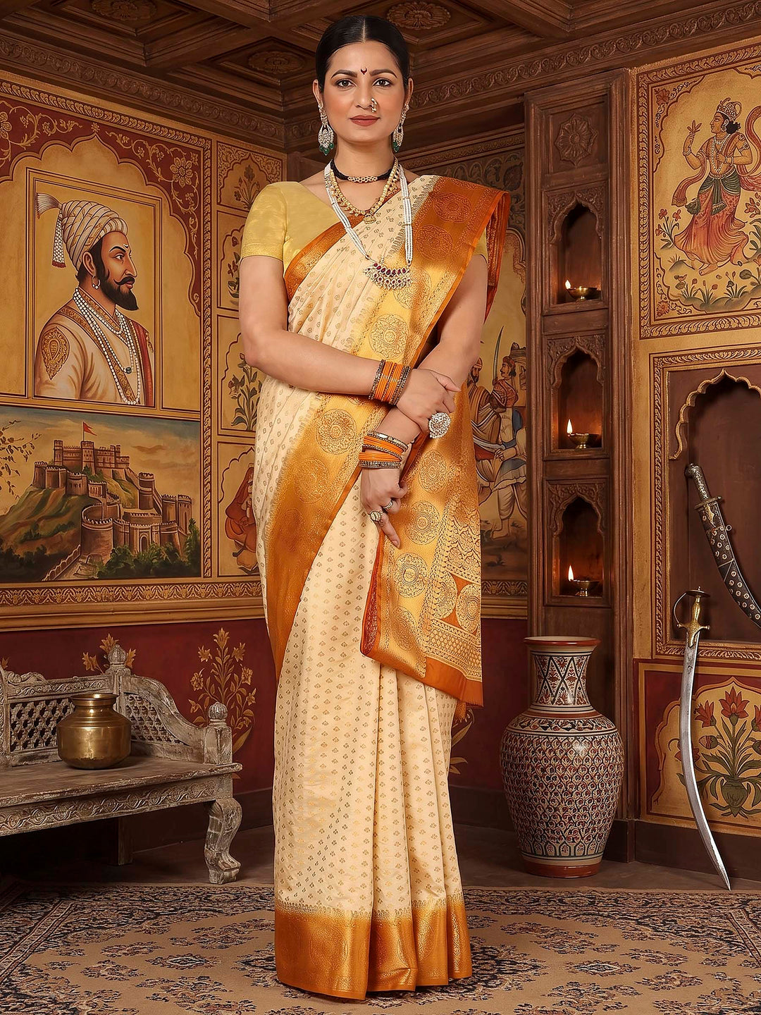Off White Mustard Woven Design Balaton Saree