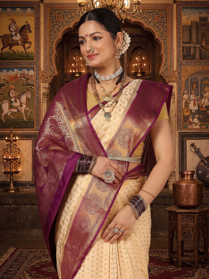 Off White Purple Woven Design Balaton Saree