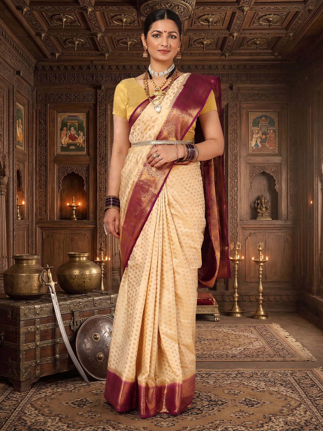 Off White Purple Woven Design Balaton Saree