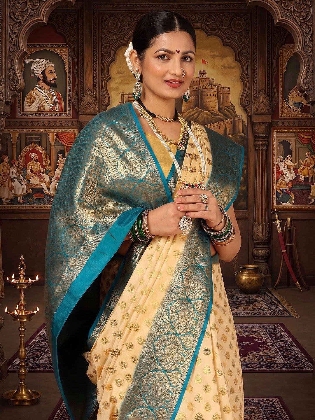 Off White Blue Woven Design Balaton Saree