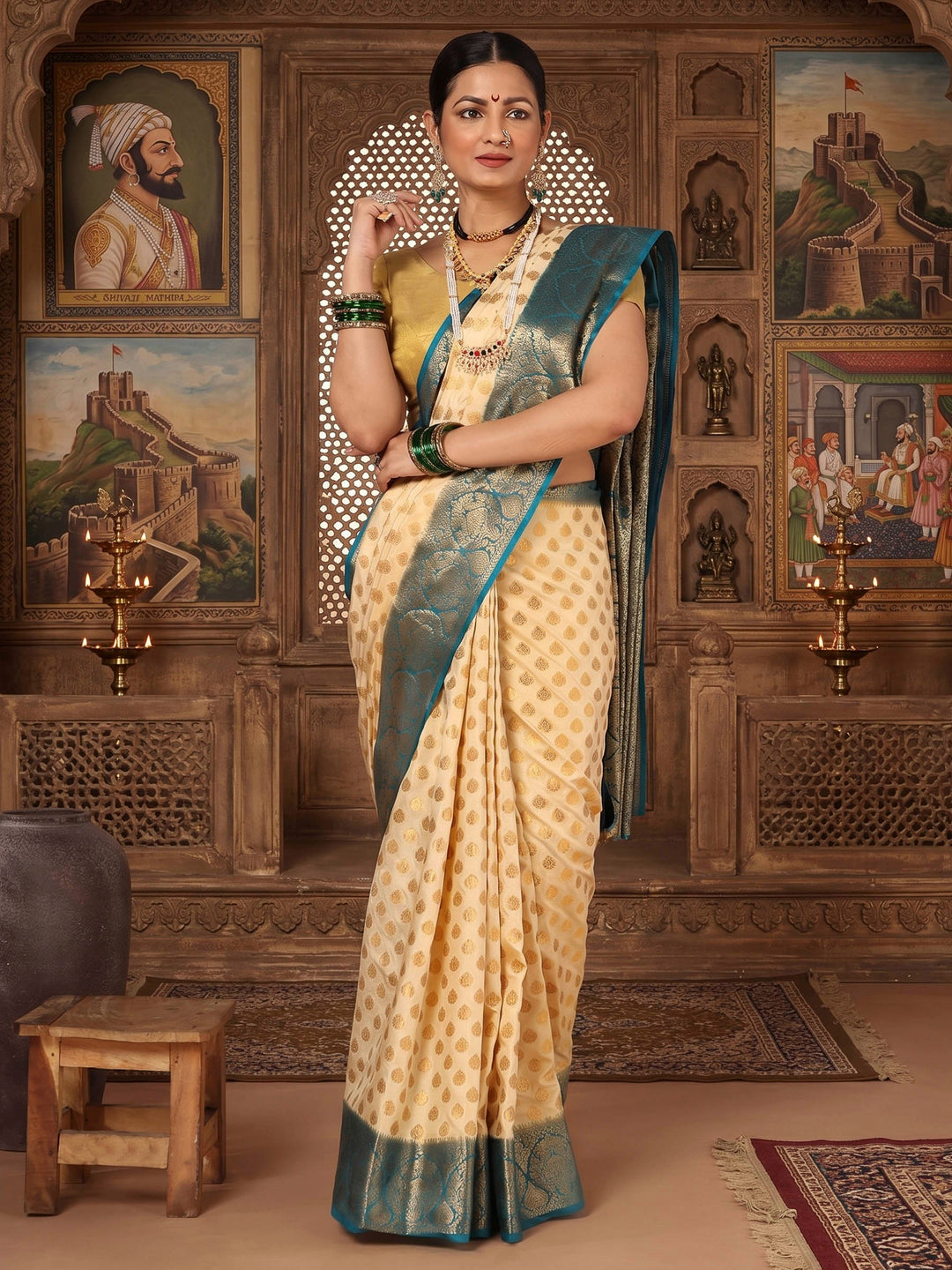 Off White Blue Woven Design Balaton Saree