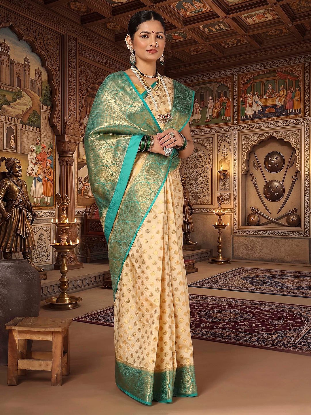 Off White Dark Blue Woven Design Balaton Saree