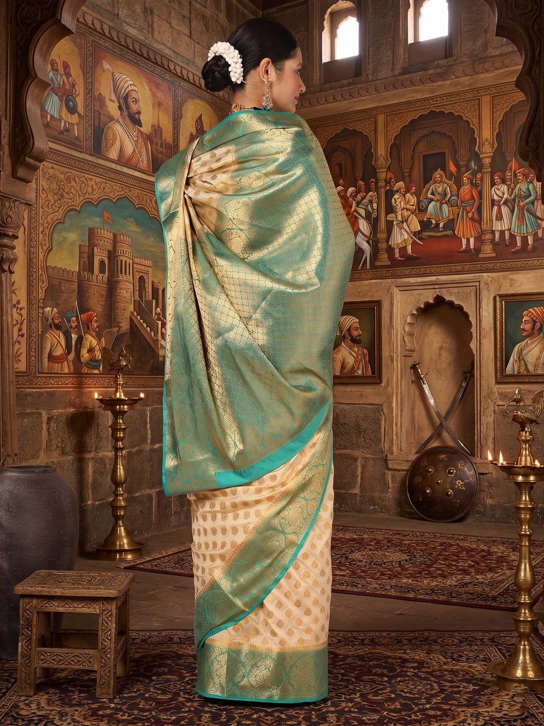 Off White Dark Blue Woven Design Balaton Saree