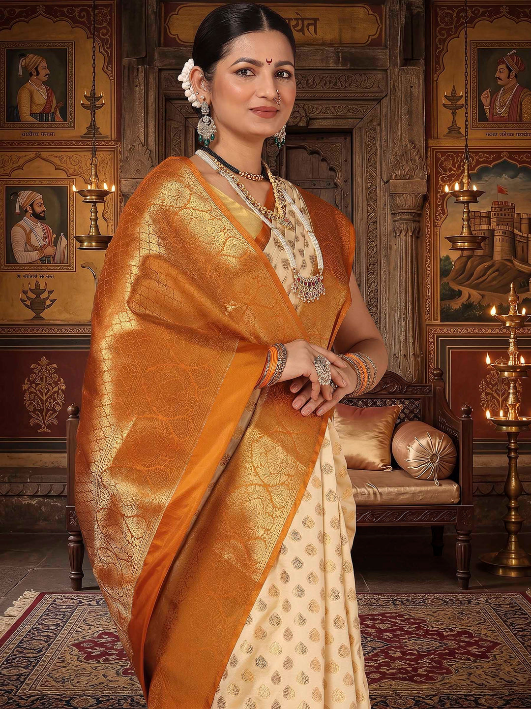 Off White Mustard Woven Design Balaton Saree