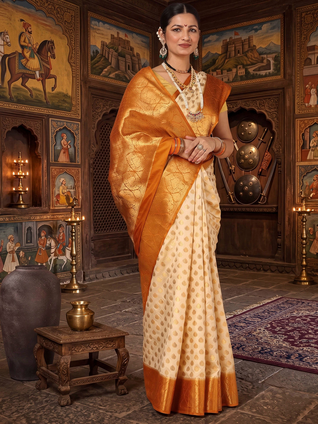 Off White Mustard Woven Design Balaton Saree
