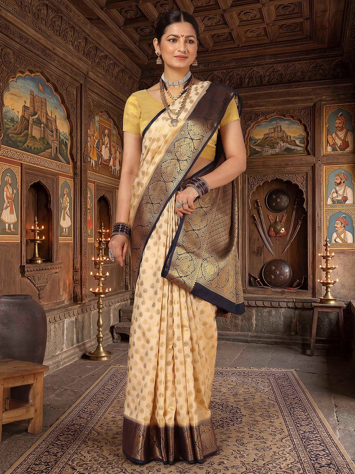 Off White Navy Woven Design Balaton Saree