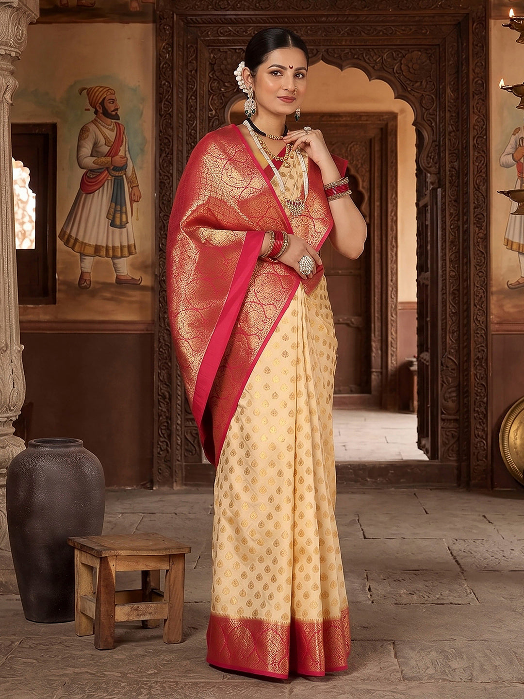 Off White Rani Pink Woven Design Balaton Saree
