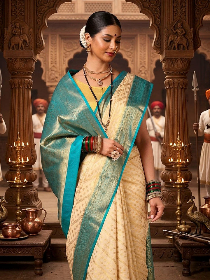 Off White Dark Blue Woven Design Balaton Saree