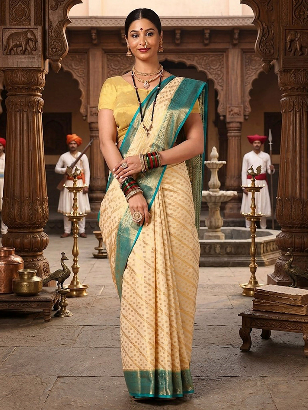 Off White Dark Blue Woven Design Balaton Saree