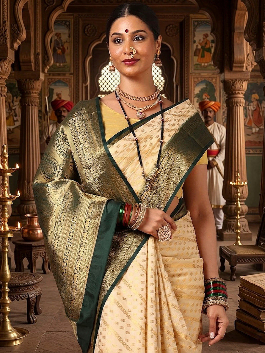 Off White Green Woven Design Balaton Saree