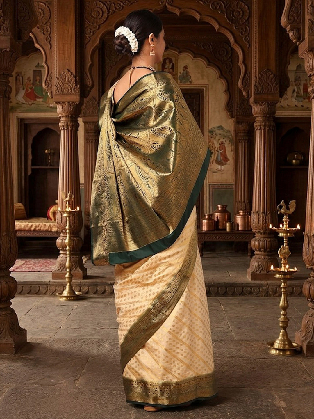 Off White Green Woven Design Balaton Saree