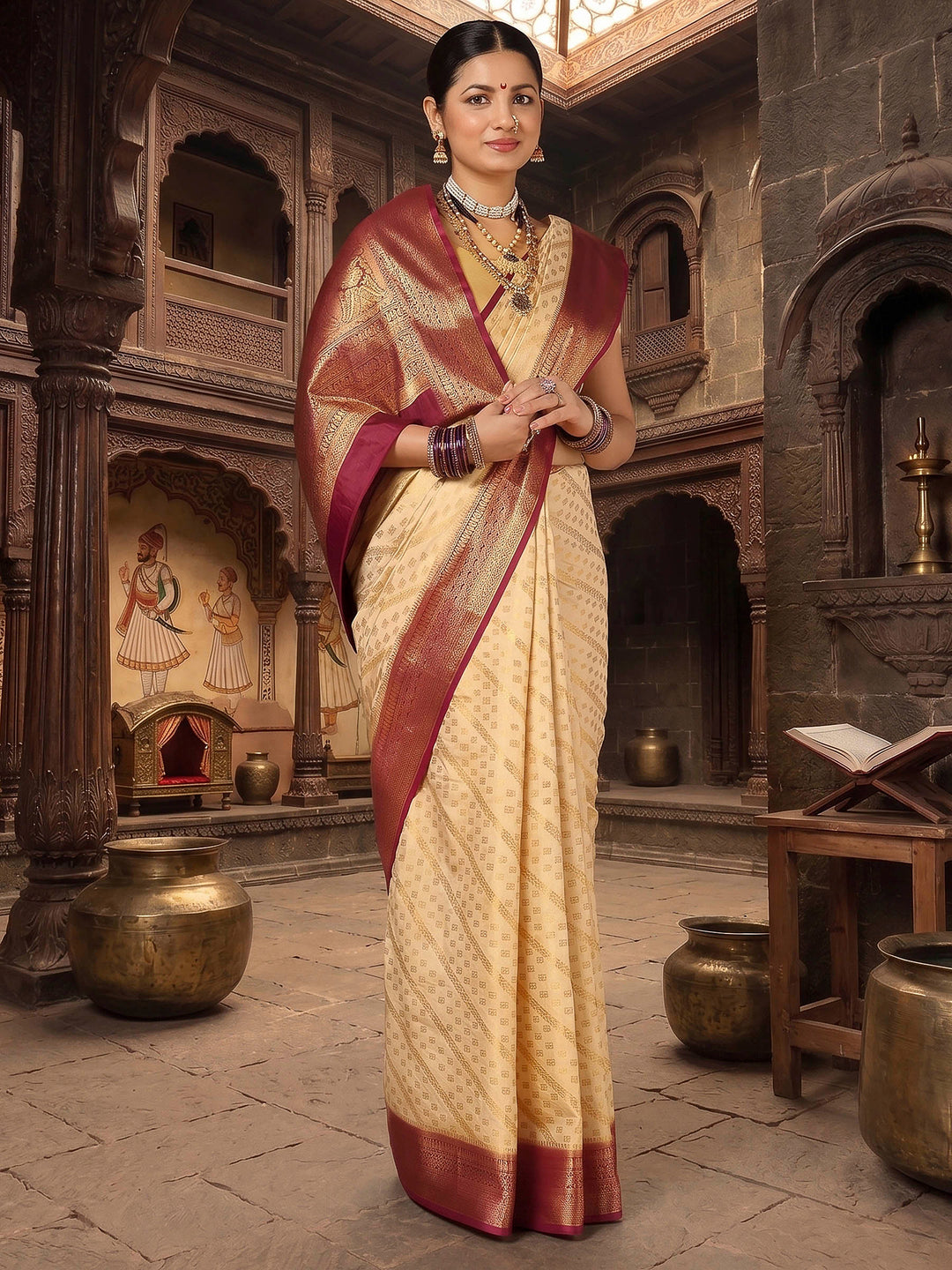 Off White Maroon Woven Design Balaton Saree