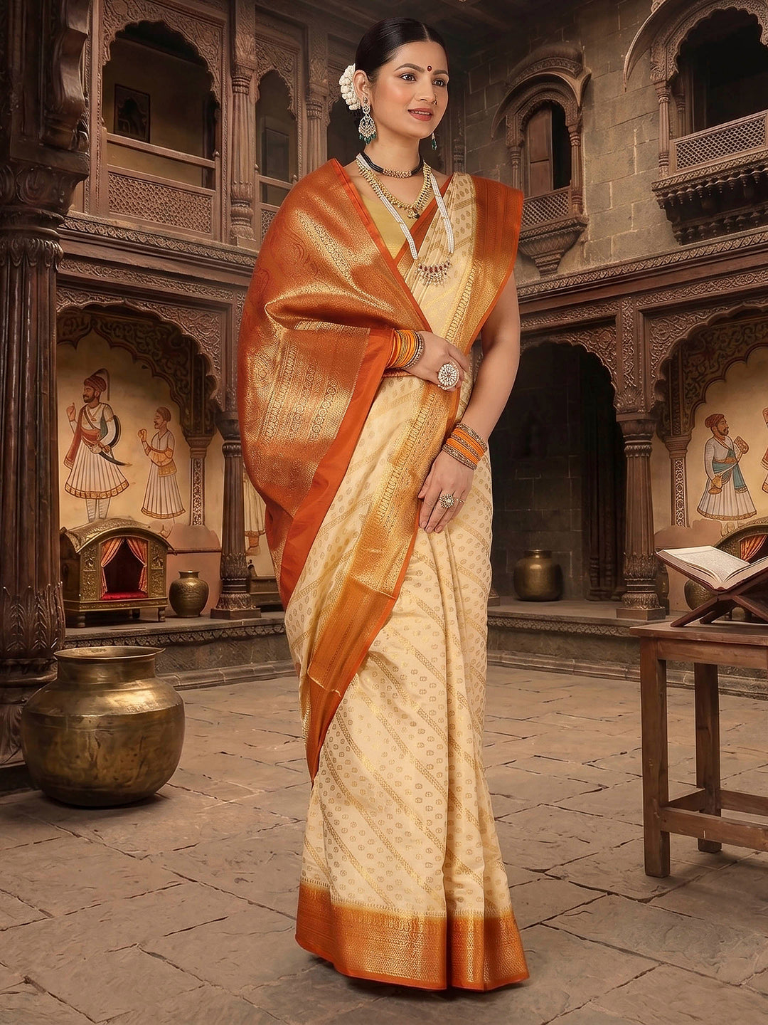 Off White Mustard Woven Design Balaton Saree