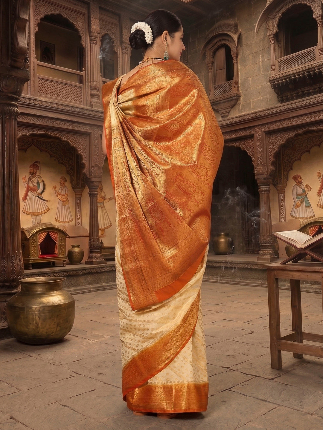 Off White Mustard Woven Design Balaton Saree