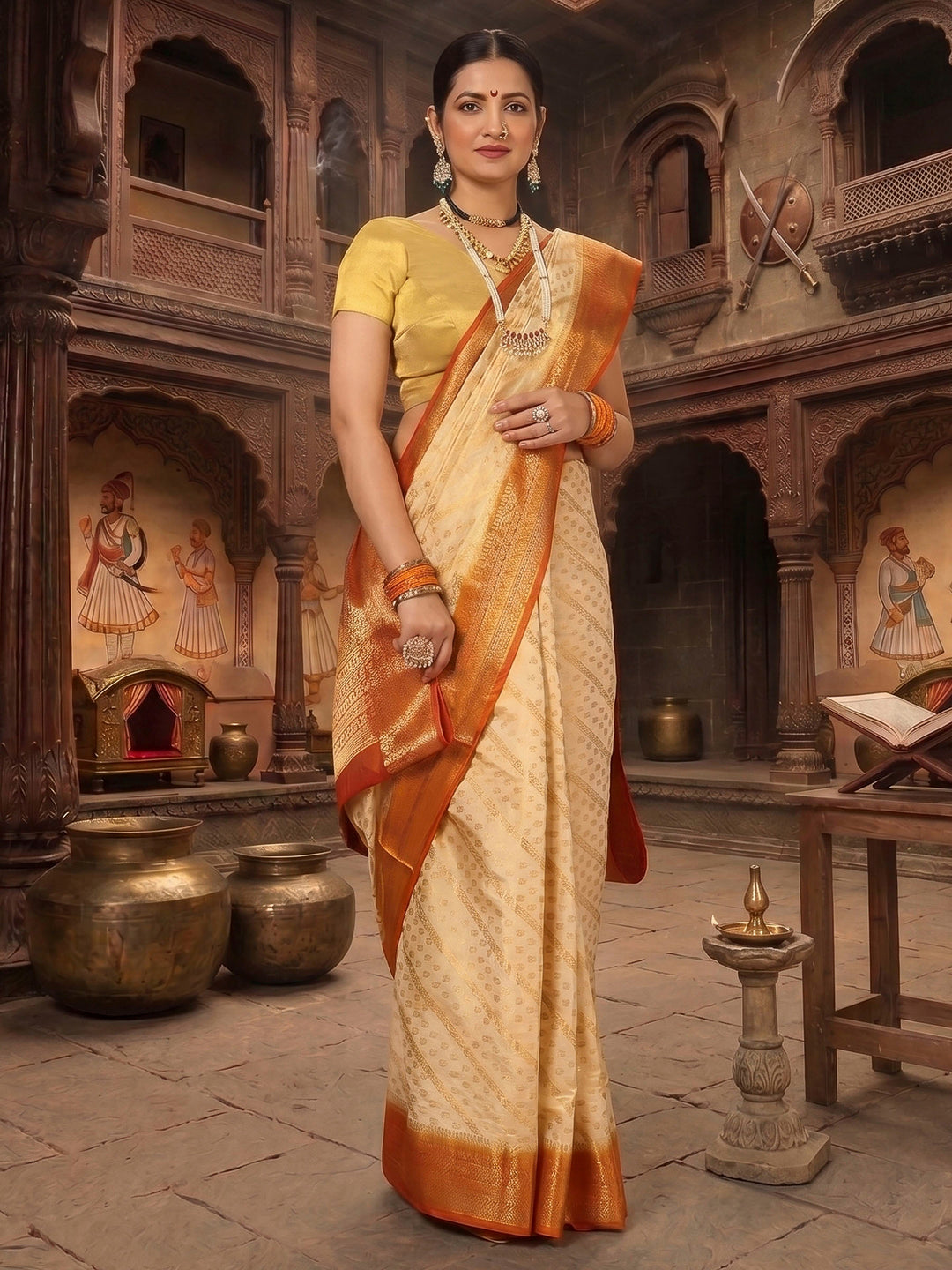 Off White Mustard Woven Design Balaton Saree