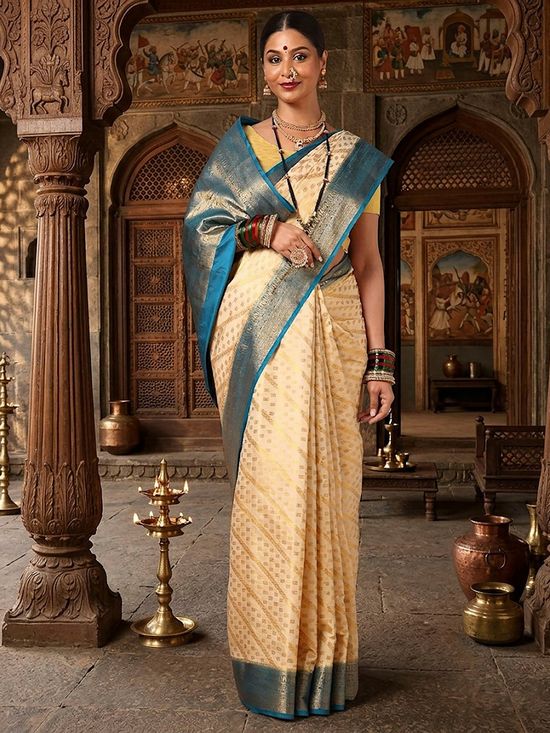 Off White Peacock Blue Woven Design Balaton Saree