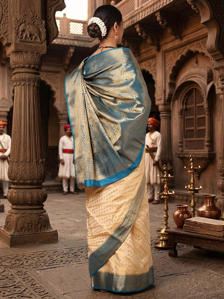 Off White Peacock Blue Woven Design Balaton Saree