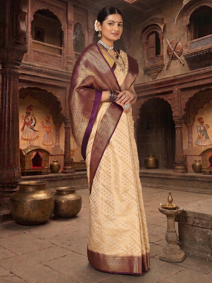 Off White Purple Woven Design Balaton Saree