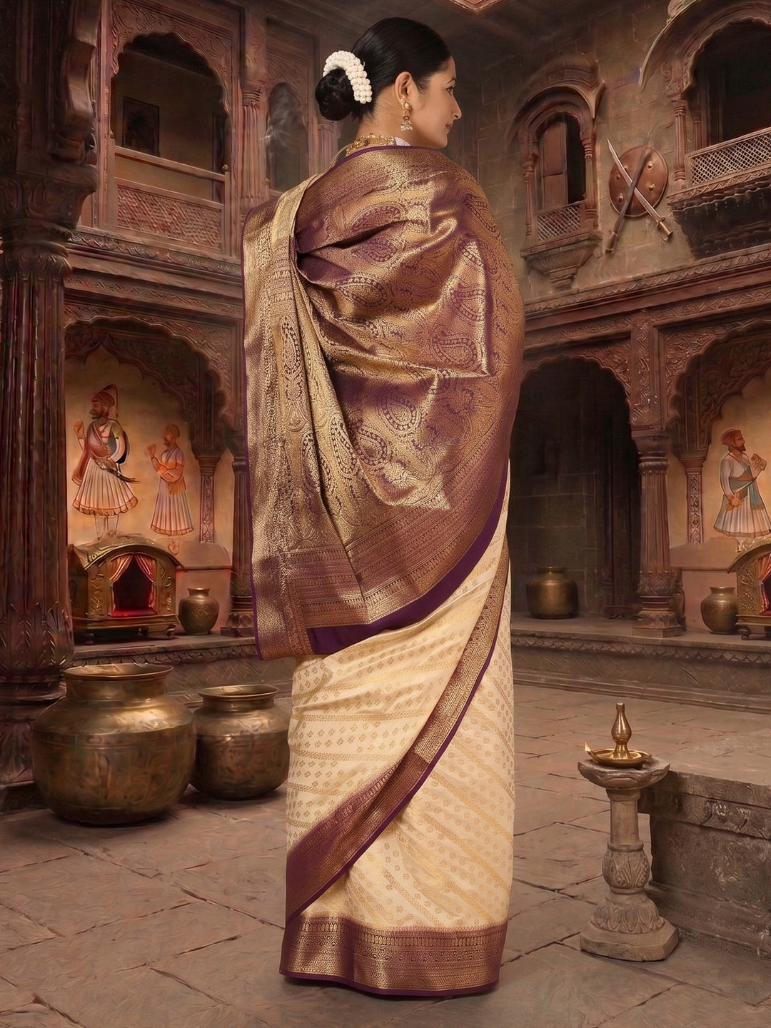 Off White Purple Woven Design Balaton Saree