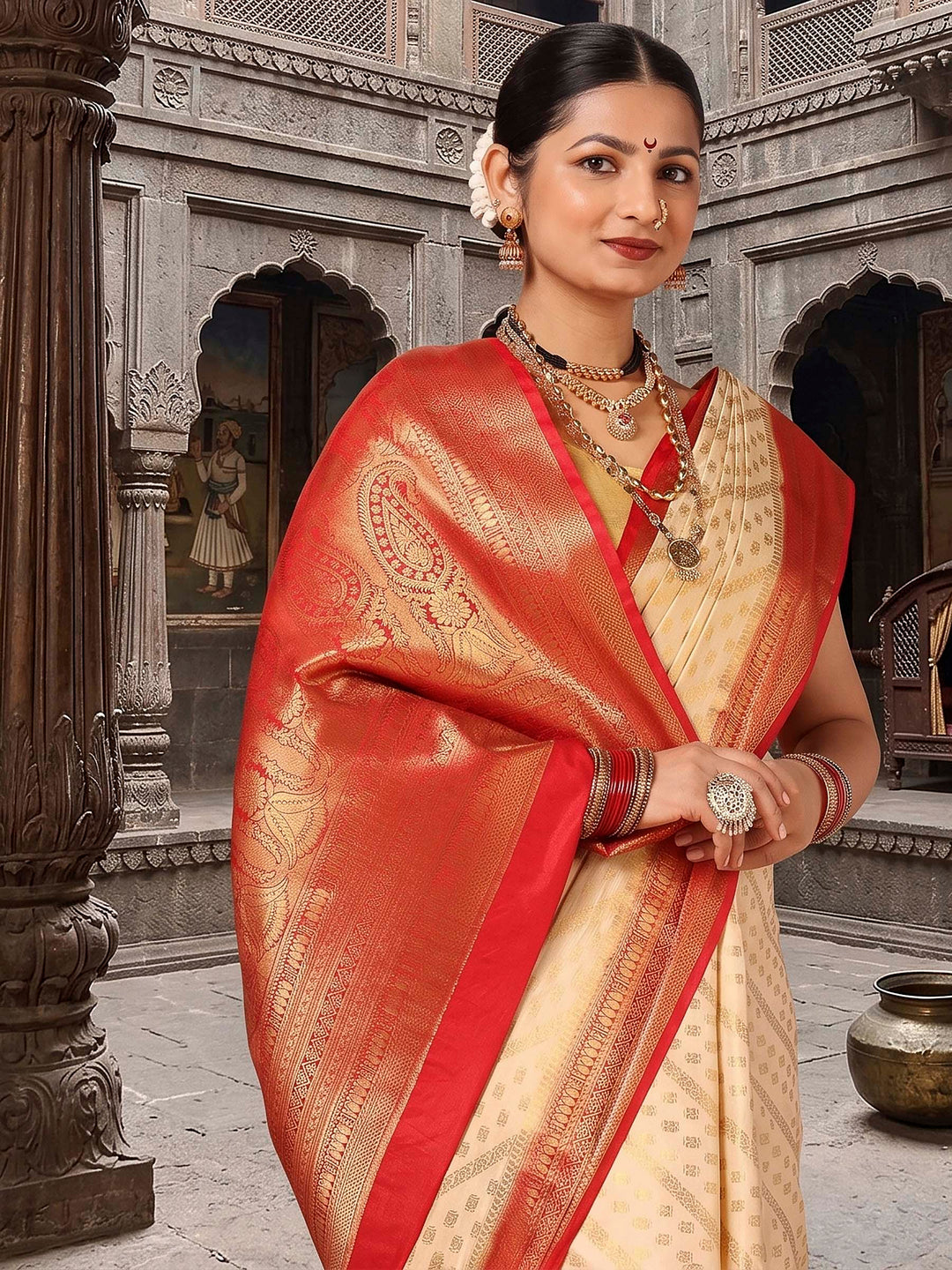 Off White Red Woven Design Balaton Saree