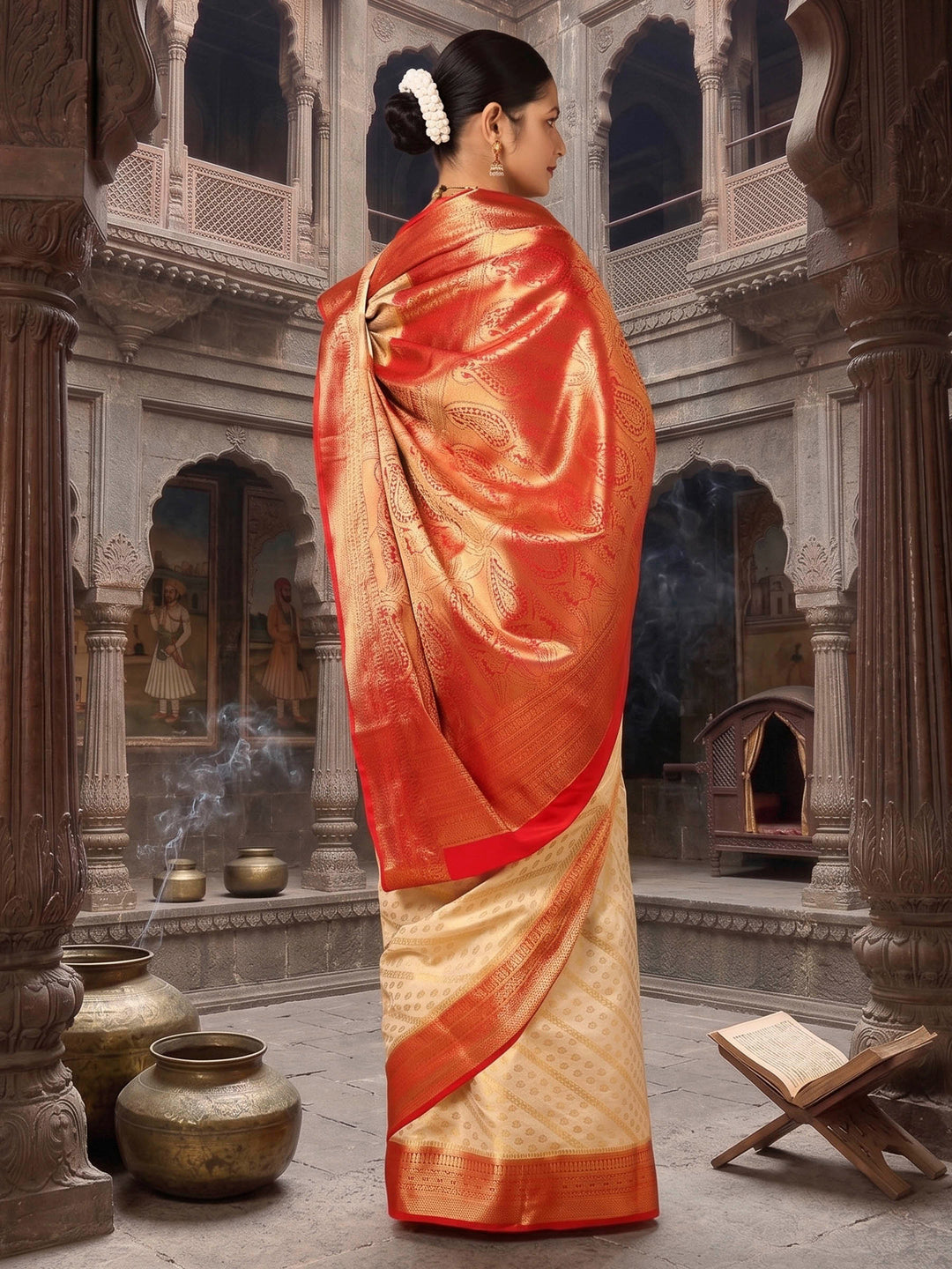 Off White Red Woven Design Balaton Saree