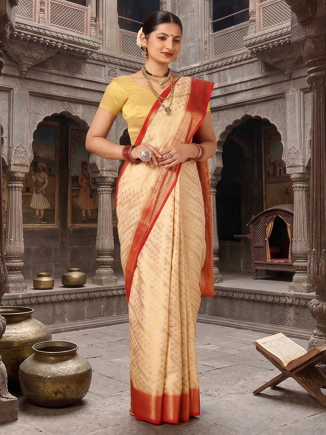 Off White Red Woven Design Balaton Saree