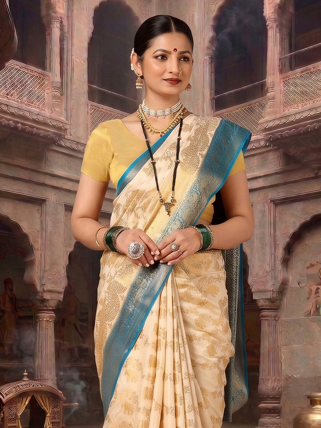Off White Blue Woven Design Balaton Saree