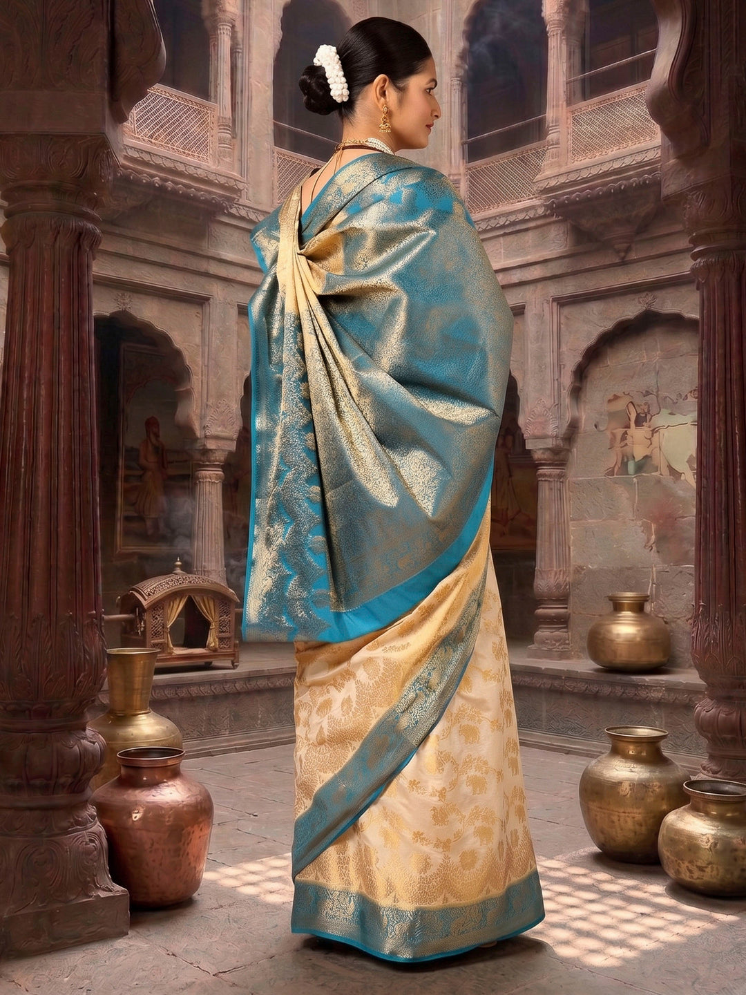 Off White Blue Woven Design Balaton Saree