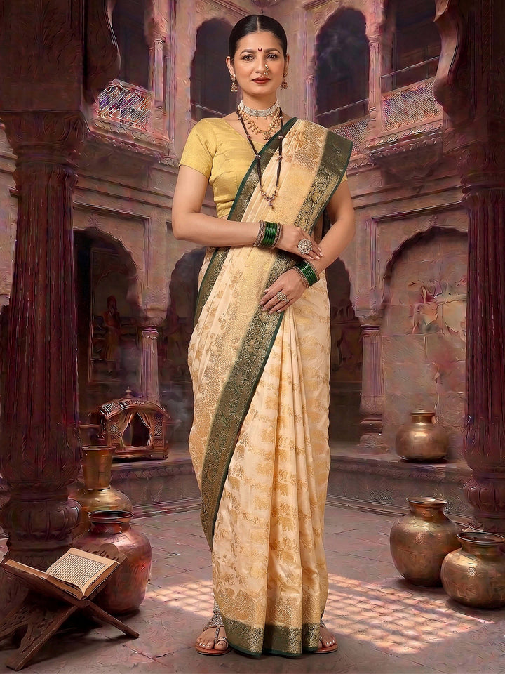 Off White Green Woven Design Balaton Saree