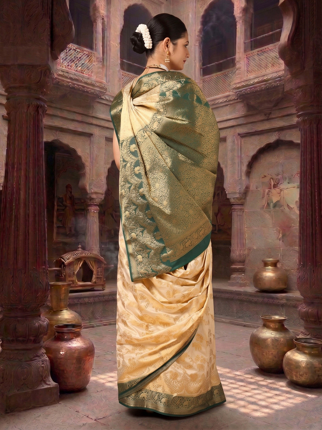 Off White Green Woven Design Balaton Saree