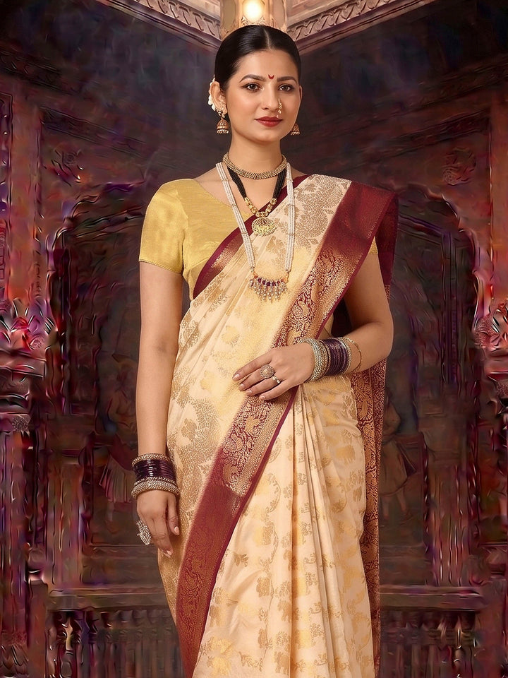 Off White Maroon Woven Design Balaton Saree