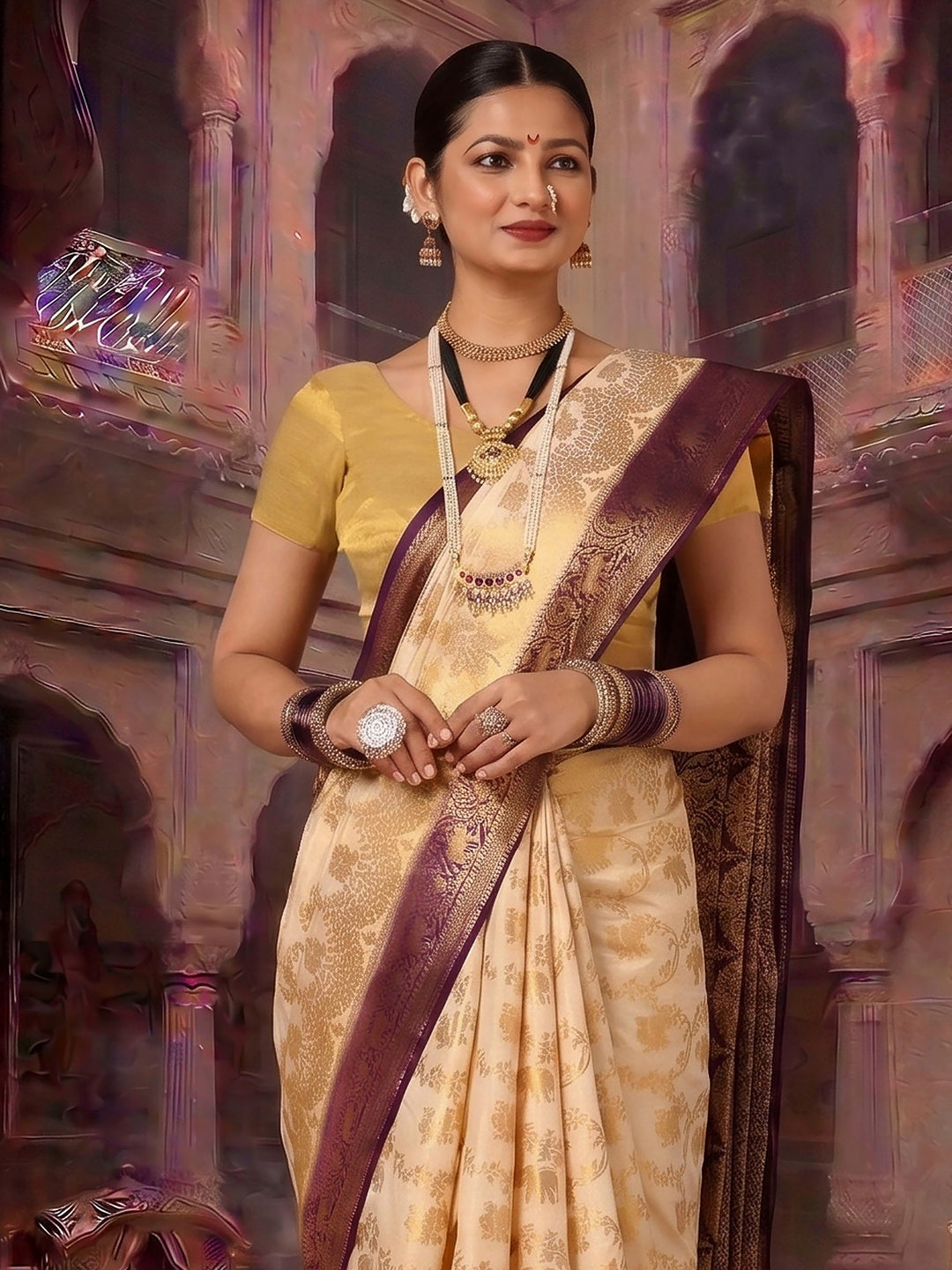 Off White Navy Woven Design Balaton Saree