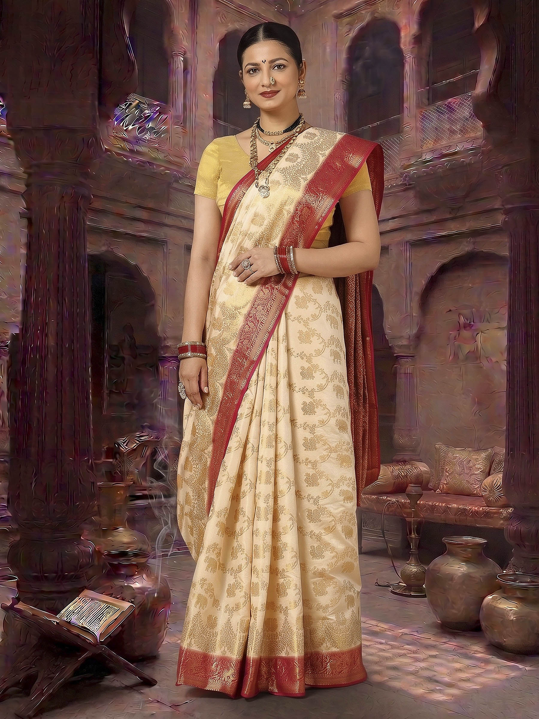 Off White Rani Pink Woven Design Balaton Saree – Meenabazaar