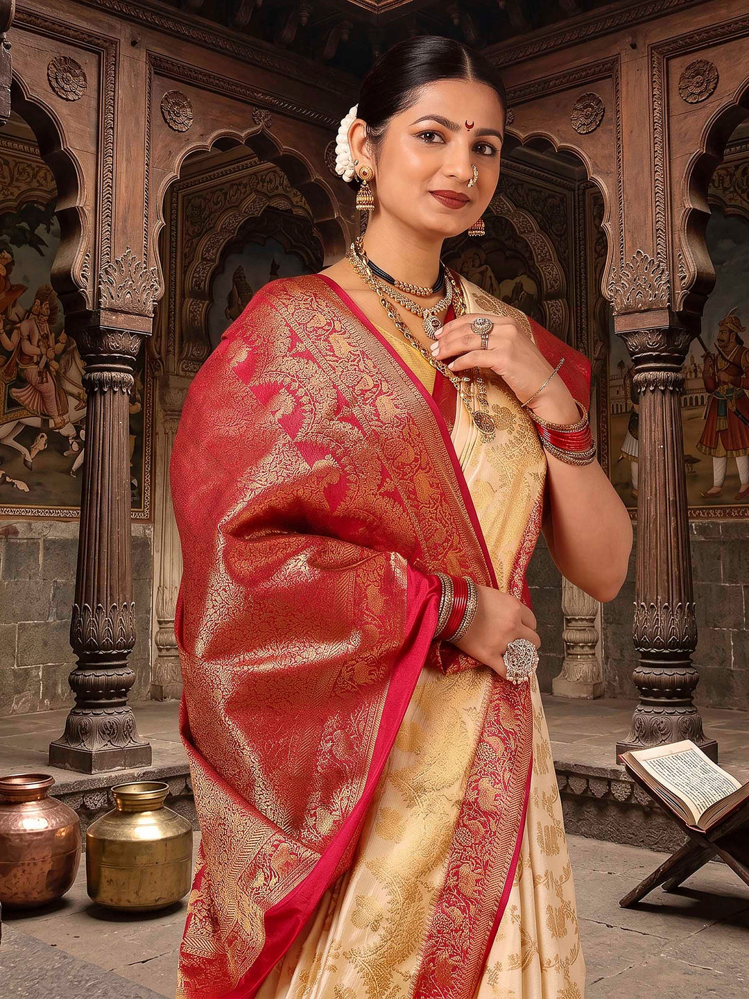 Off White Rani Pink Woven Design Balaton Saree