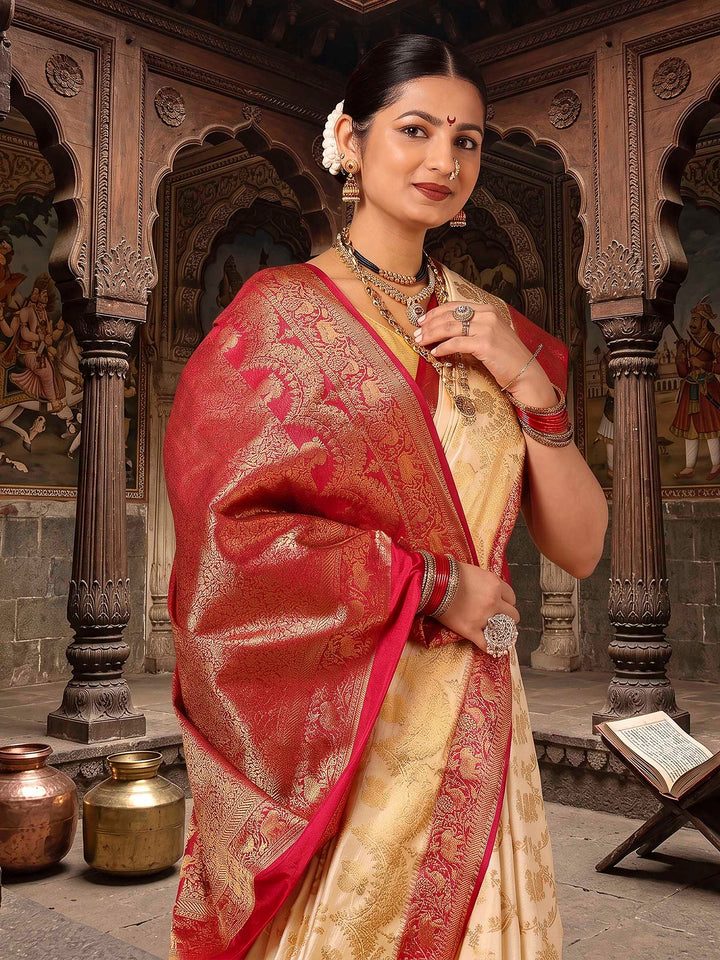 Off White Rani Pink Woven Design Balaton Saree