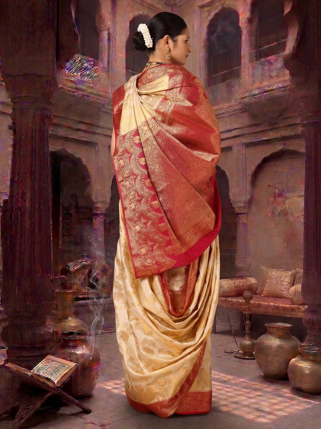 Off White Rani Pink Woven Design Balaton Saree