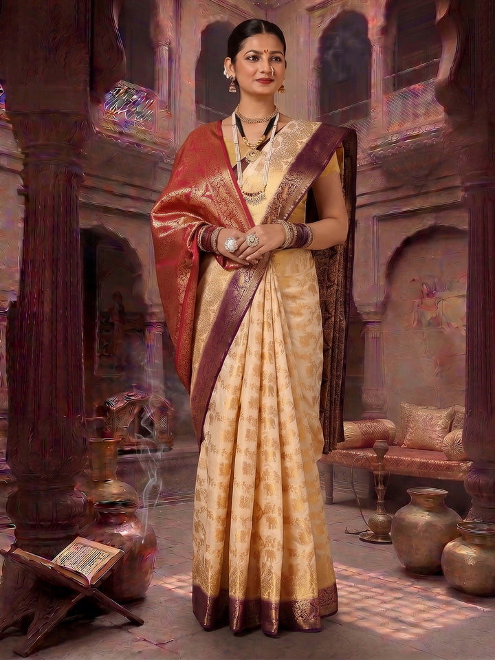 Off White Rani Pink Woven Design Balaton Saree