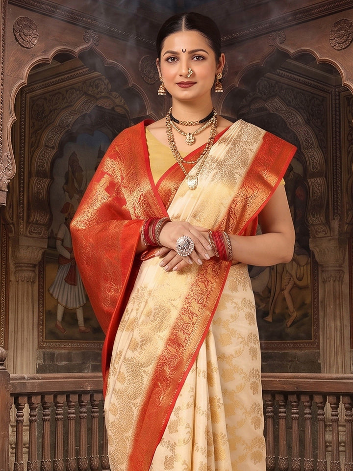 Off White Red Woven Design Balaton Saree