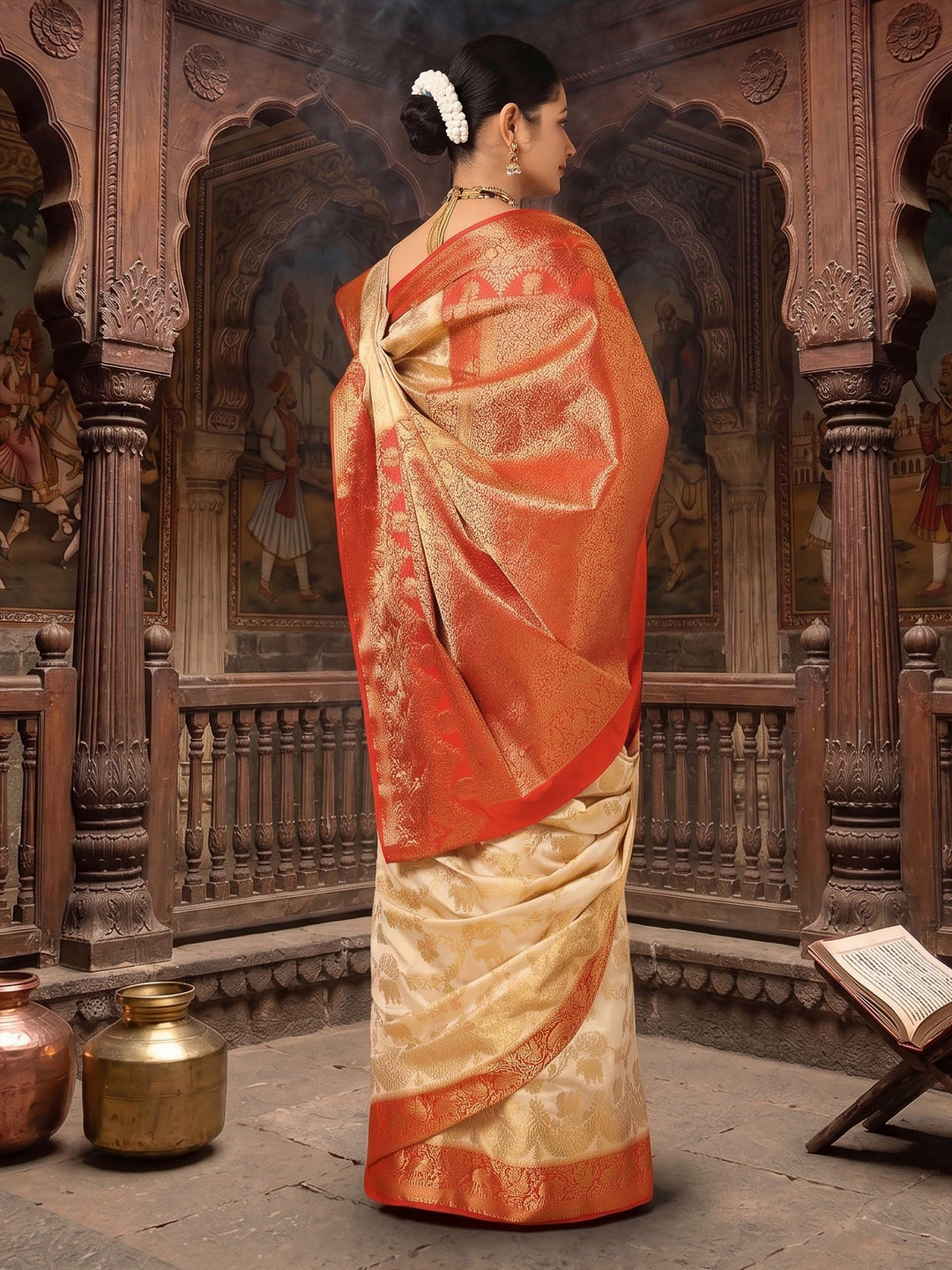 Off White Red Woven Design Balaton Saree