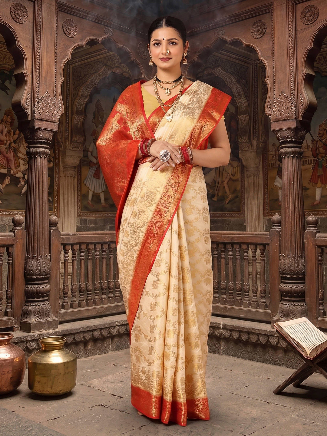 Off White Red Woven Design Balaton Saree