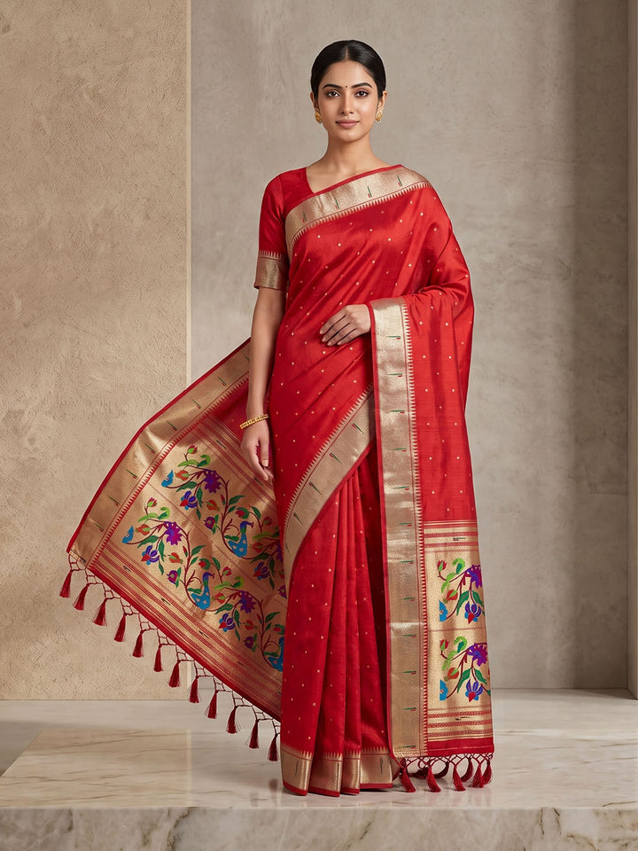 Red Tussar Woven Saree